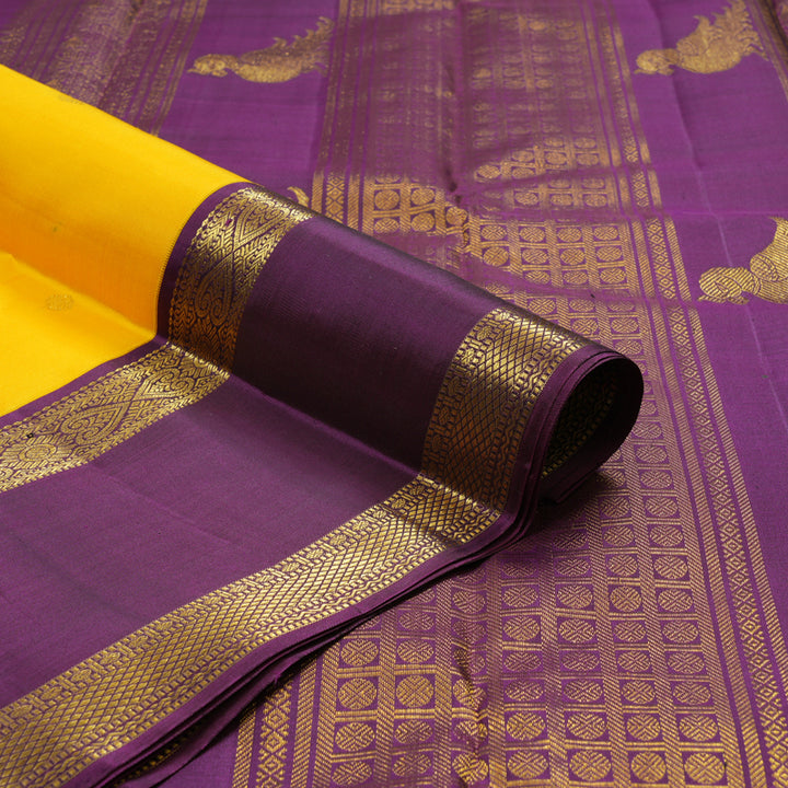 Hayagrivas Handloom Yellow Kanjivaram Silk Saree with Purple Border KBE2519C8-1