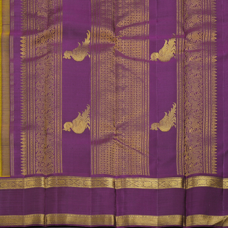 Hayagrivas Handloom Yellow Kanjivaram Silk Saree with Purple Border KBE2519C8-1