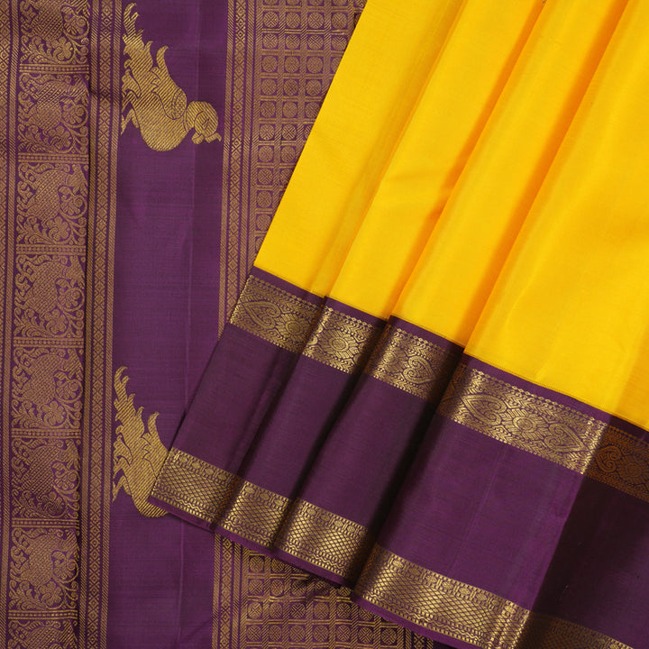 Hayagrivas Handloom Yellow Kanjivaram Silk Saree with Purple Border KBE2519C8-1