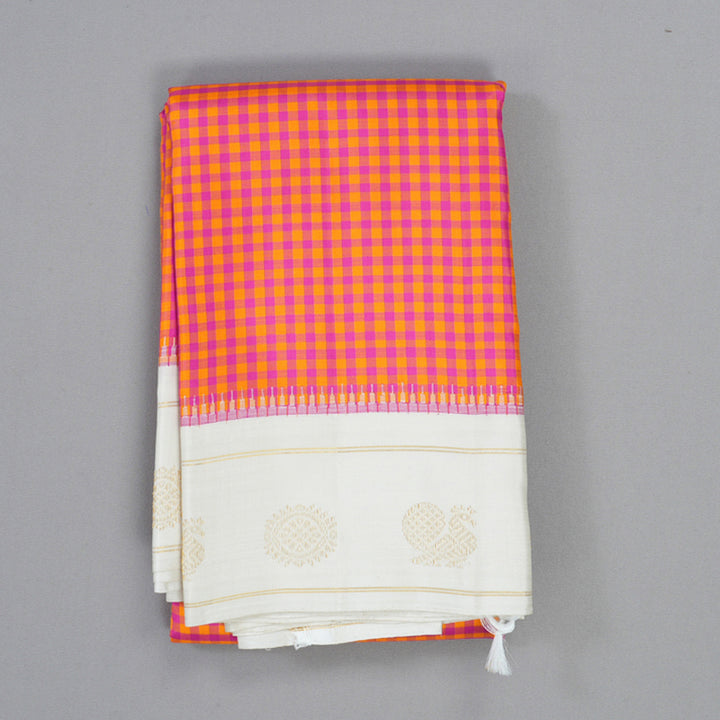 Hayagrivas Handloom Orange & Pink Checks Kanjivaram Silk Saree with Milk-White Border KBE2520C4-1
