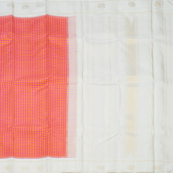 Hayagrivas Handloom Orange & Pink Checks Kanjivaram Silk Saree with Milk-White Border KBE2520C4-1