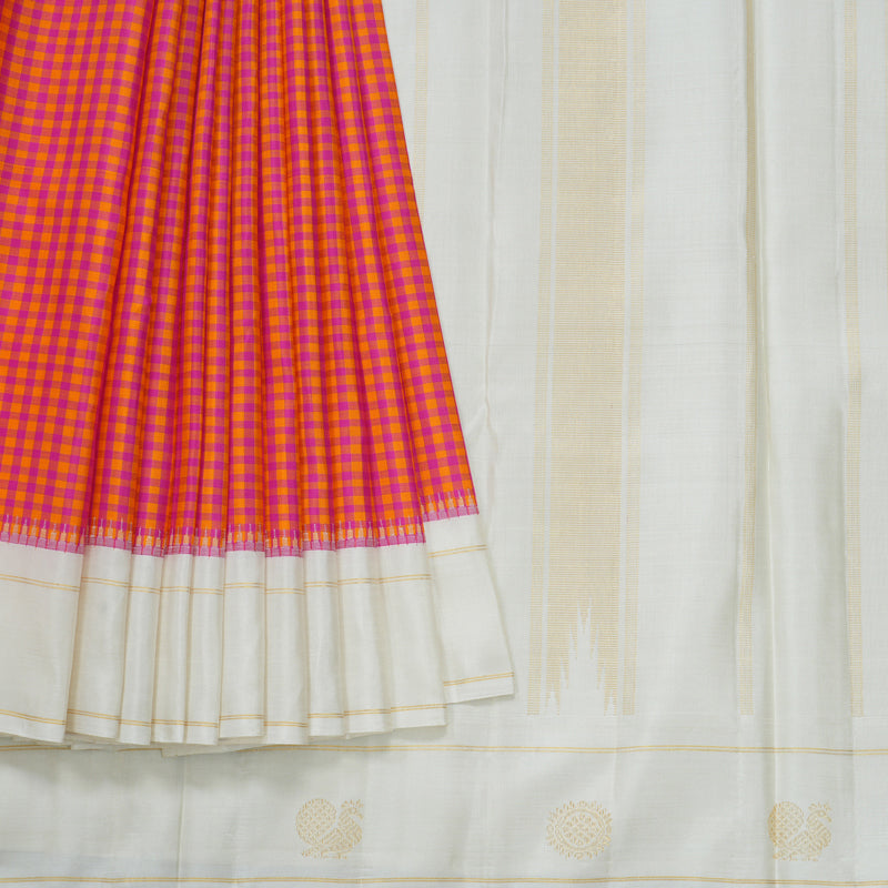 Hayagrivas Handloom Orange & Pink Checks Kanjivaram Silk Saree with Milk-White Border KBE2520C4-1