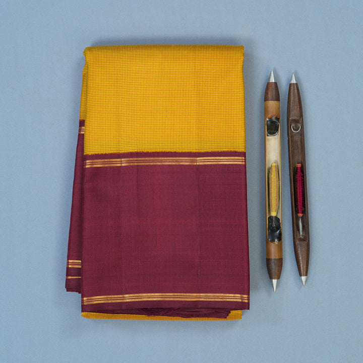 Hayagrivas Handloom Yellow Kanjivaram Silk Saree with Araku Maroon Border KBE2520C8-1