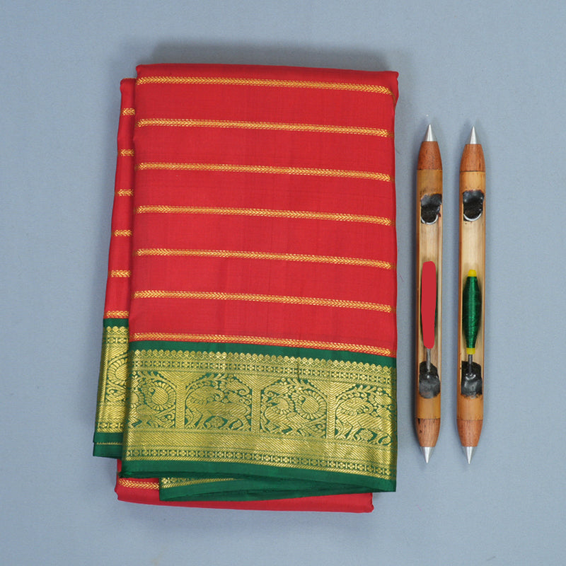 Hayagrivas Handloom Red Kanjivaram Silk Saree with Bottle Green Border KBE2521C6-1