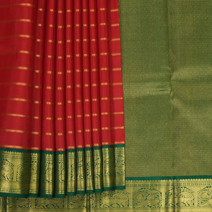 Hayagrivas Handloom Red Kanjivaram Silk Saree with Bottle Green Border KBE2521C6-1