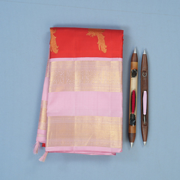 Hayagrivas Handloom Red Kanjivaram Silk Saree with Baby Pink Border KBE2523C11-1