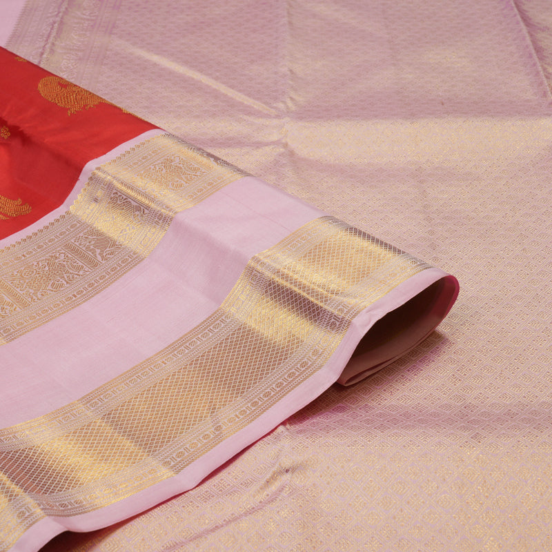 Hayagrivas Handloom Red Kanjivaram Silk Saree with Baby Pink Border KBE2523C11-1