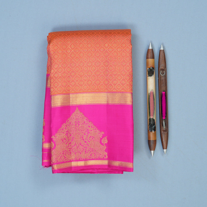 Hayagrivas Handloom Orangish-Pink Kanjivaram Silk Saree with Rani Pink Border KBE2523C19-1