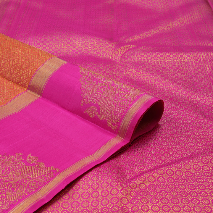 Hayagrivas Handloom Orangish-Pink Kanjivaram Silk Saree with Rani Pink Border KBE2523C19-1