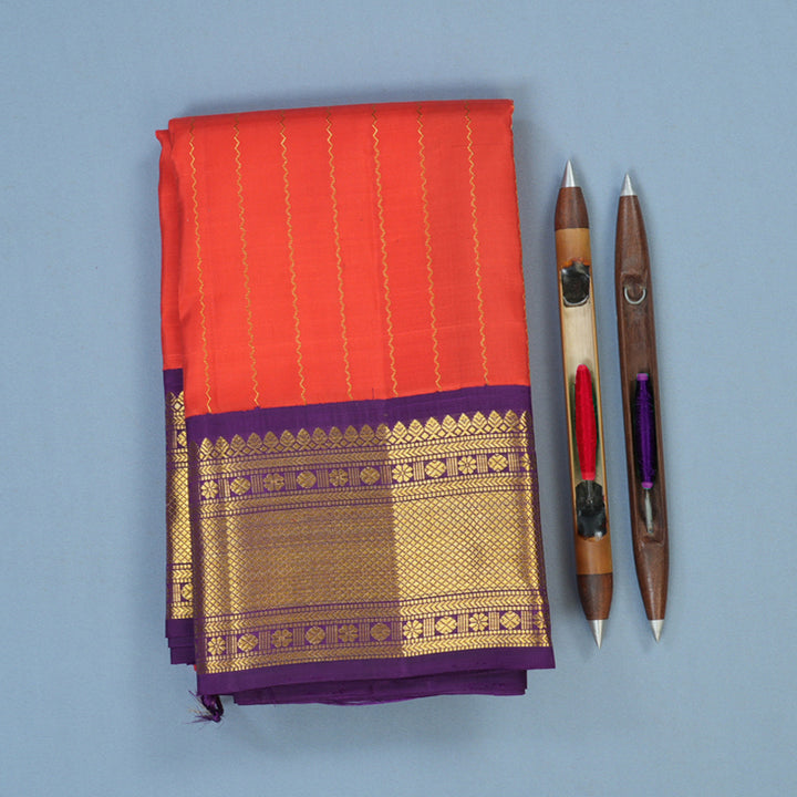 Hayagrivas Handloom Pinkish-Red Kanjivaram Silk Saree with Purple Border KBE2523C24-1