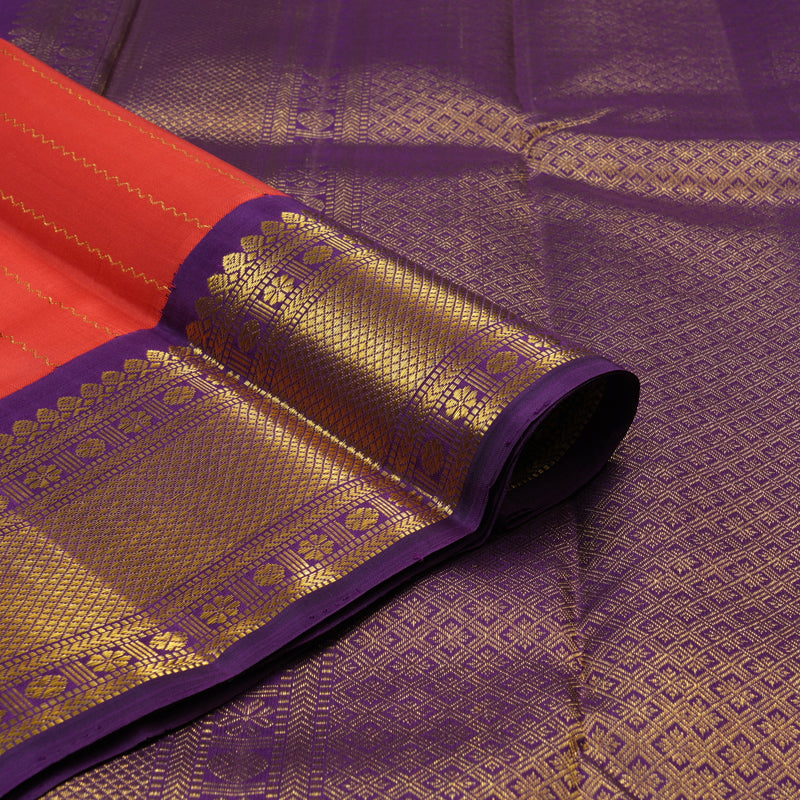 Hayagrivas Handloom Pinkish-Red Kanjivaram Silk Saree with Purple Border KBE2523C24-1