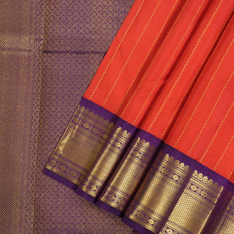Hayagrivas Handloom Pinkish-Red Kanjivaram Silk Saree with Purple Border KBE2523C24-1