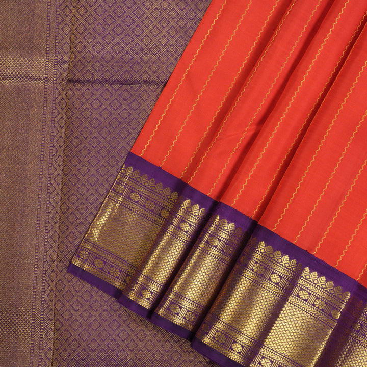 Hayagrivas Handloom Pinkish-Red Kanjivaram Silk Saree with Purple Border KBE2523C24-1