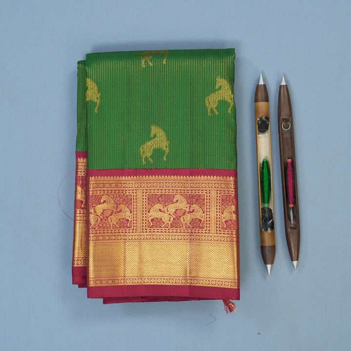 Hayagrivas Handloom Green Kanjivaram Silk Saree with Maroon Border KBE2523C27-1
