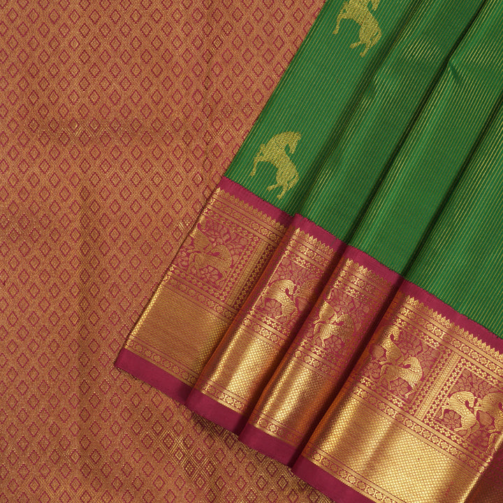 Hayagrivas Handloom Green Kanjivaram Silk Saree with Maroon Border KBE2523C27-1