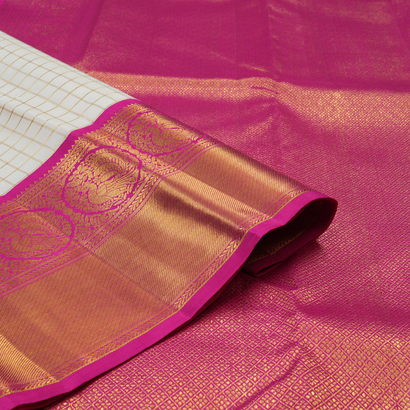 Hayagrivas Handloom Half-White Kanjivaram Silk Saree with Rani Pink Border KBE2523C30-1