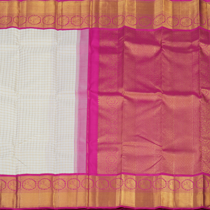 Hayagrivas Handloom Half-White Kanjivaram Silk Saree with Rani Pink Border KBE2523C30-1