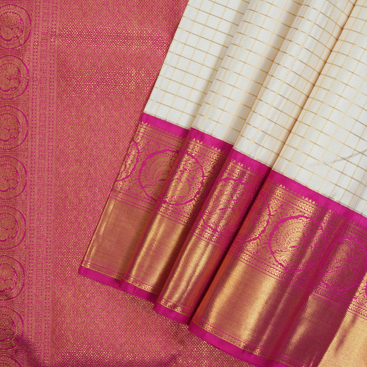 Hayagrivas Handloom Half-White Kanjivaram Silk Saree with Rani Pink Border KBE2523C30-1