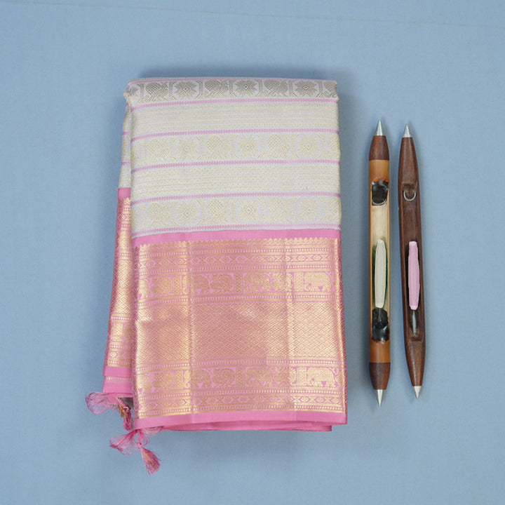Hayagrivas Handloom Half-White Kanjivaram Silk Saree with Rose Pink Border KBE2523C43-1