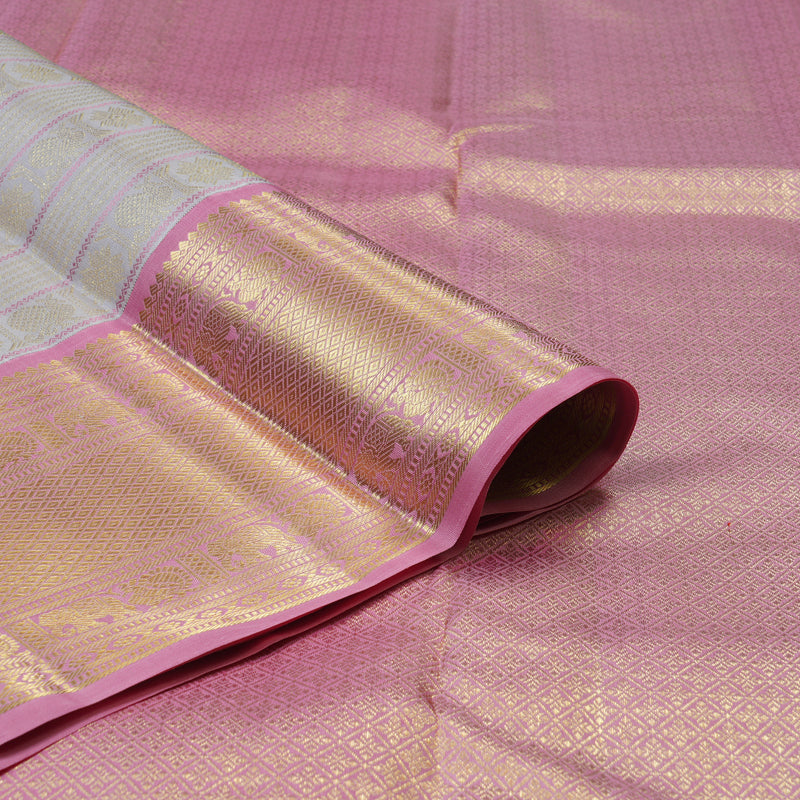 Hayagrivas Handloom Half-White Kanjivaram Silk Saree with Rose Pink Border KBE2523C43-1