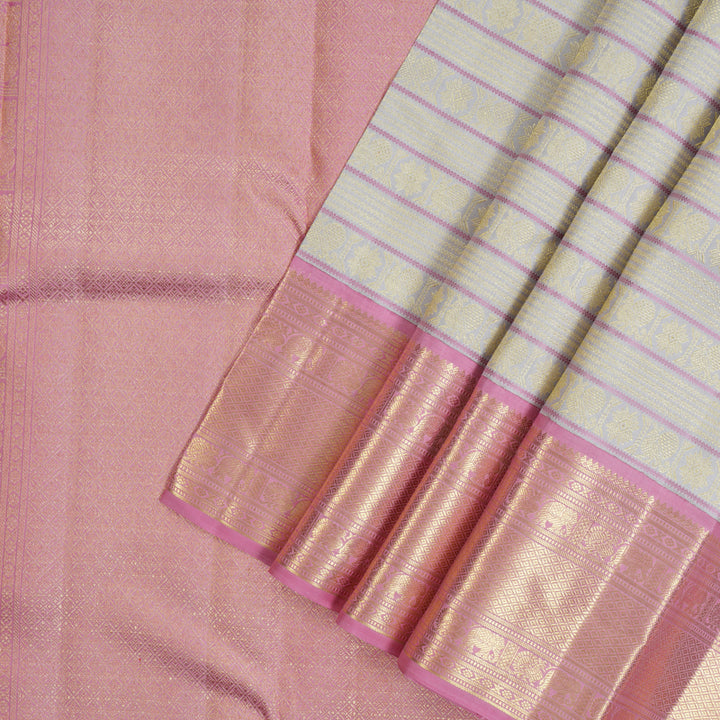 Hayagrivas Handloom Half-White Kanjivaram Silk Saree with Rose Pink Border KBE2523C43-1