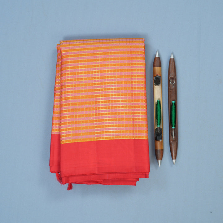 Hayagrivas Handloom Pink & Orange Checks Kanjivaram Silk Saree with Red Border KBE2523C49-2