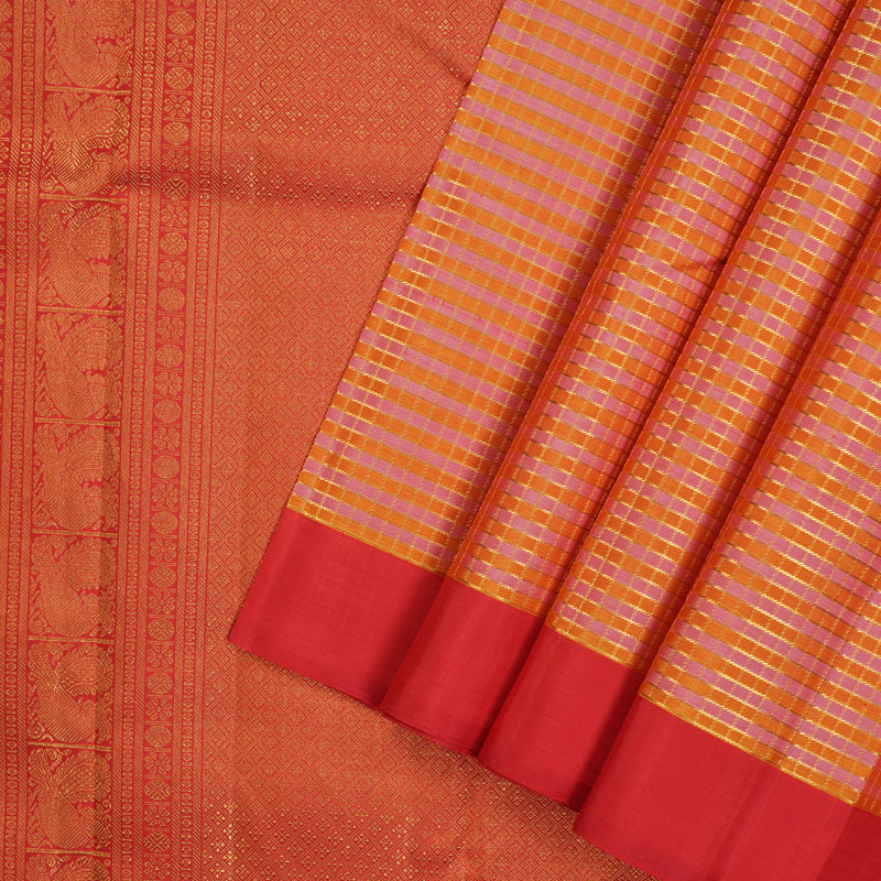 Hayagrivas Handloom Pink & Orange Checks Kanjivaram Silk Saree with Red Border KBE2523C49-2