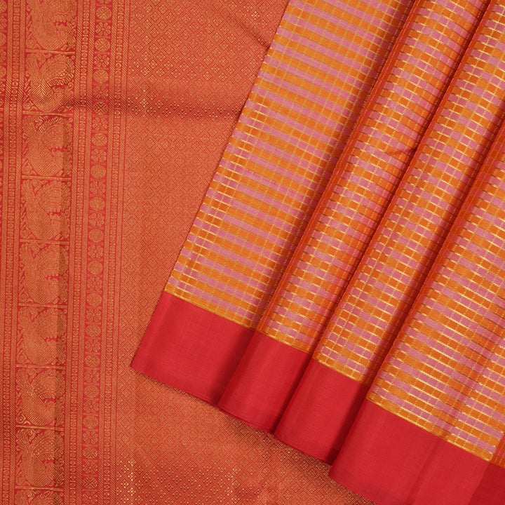 Hayagrivas Handloom Pink & Orange Checks Kanjivaram Silk Saree with Red Border KBE2523C49-2