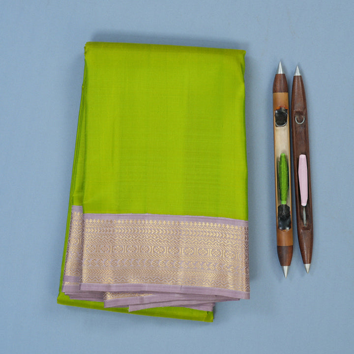 Hayagrivas Handloom Parrot Green Kanjivaram Silk Saree with Lilac Border KBF82D1-3