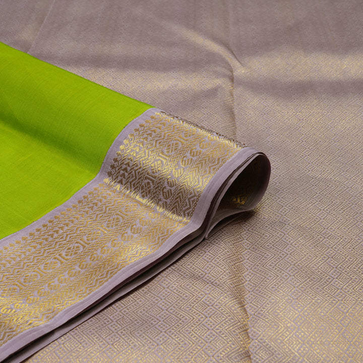 Hayagrivas Handloom Parrot Green Kanjivaram Silk Saree with Lilac Border KBF82D1-3