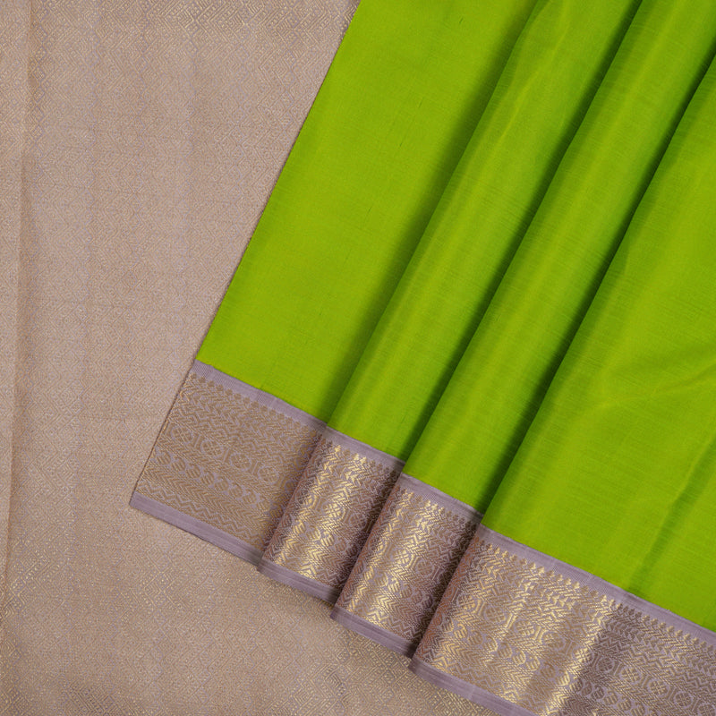 Hayagrivas Handloom Parrot Green Kanjivaram Silk Saree with Lilac Border KBF82D1-3