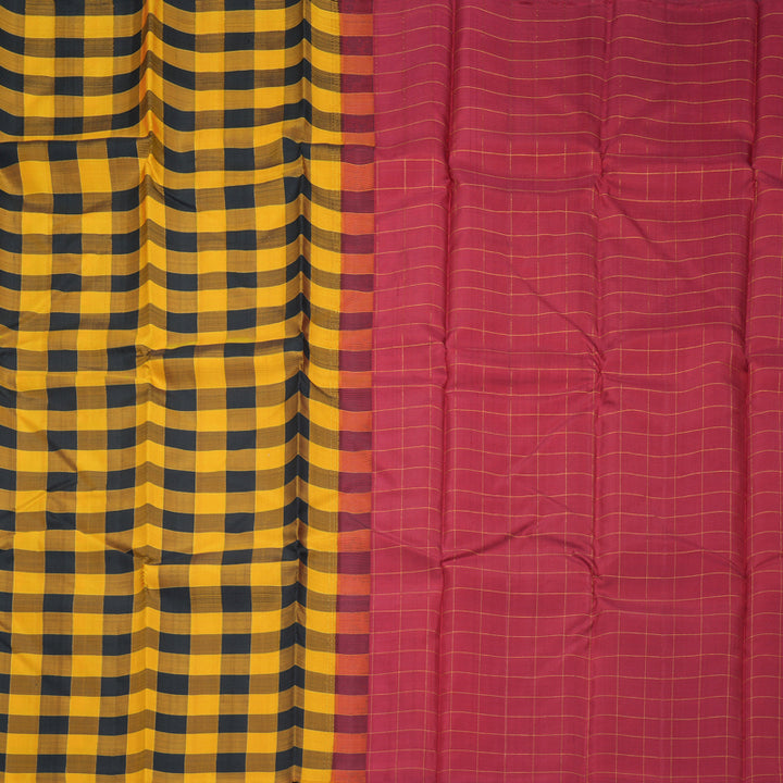 Hayagrivas Handloom Mustard &amp; Black Checks Kanjivaram Silk Saree KBE2532C11-1