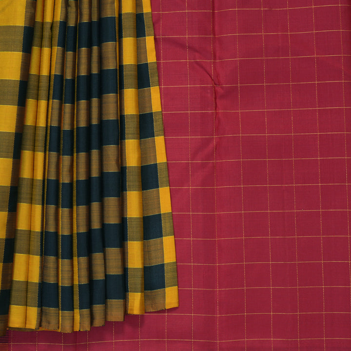 Hayagrivas Handloom Mustard &amp; Black Checks Kanjivaram Silk Saree KBE2532C11-1