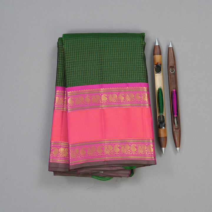 Hayagrivas Handloom Bottle Green Kanjivaram Silk Saree with Orangish-Pink Border KBE2532C8-1