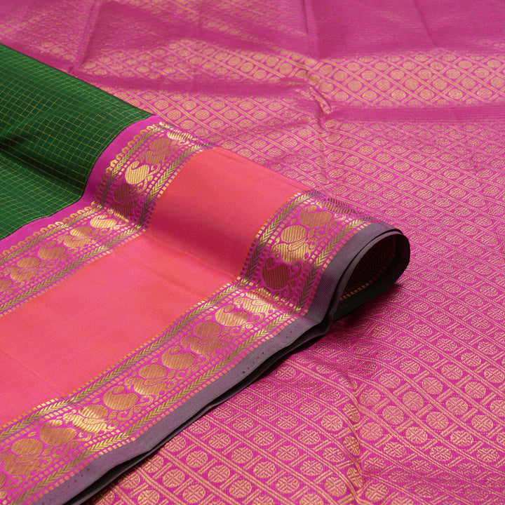 Hayagrivas Handloom Bottle Green Kanjivaram Silk Saree with Orangish-Pink Border KBE2532C8-1