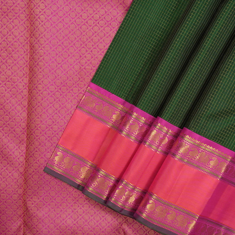 Hayagrivas Handloom Bottle Green Kanjivaram Silk Saree with Orangish-Pink Border KBE2532C8-1