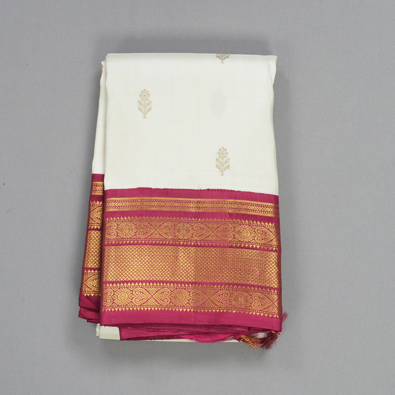Hayagrivas Handloom Half-White Kanjivaram Silk Saree with Maroon Border KBE2533C2-1