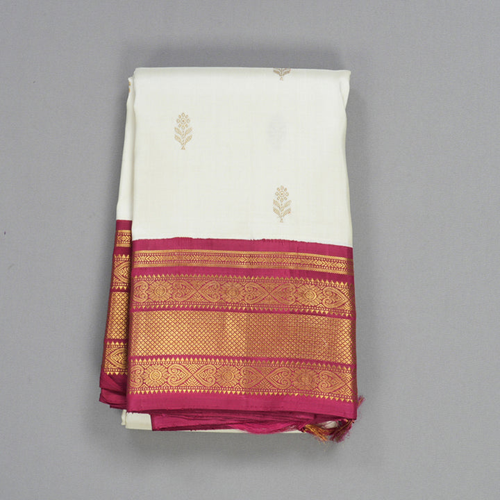Hayagrivas Handloom Half-White Kanjivaram Silk Saree with Maroon Border KBE2533C2-1