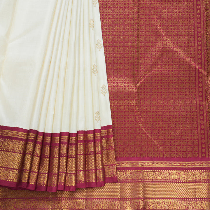 Hayagrivas Handloom Half-White Kanjivaram Silk Saree with Maroon Border KBE2533C2-1