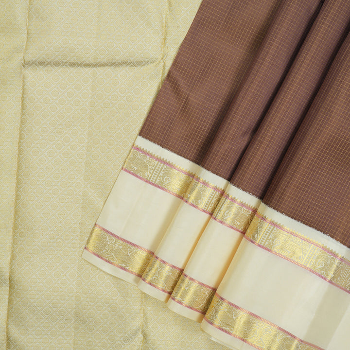 Hayagrivas Handloom Light Chocolate Brown Kanjivaram Silk Saree with Ivory Border KBE2533C9-2