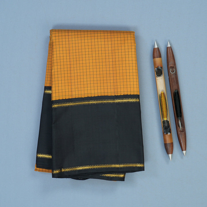 Hayagrivas Handloom Mustard Kanjivaram Silk Saree with Black Border KBE2534C12-1