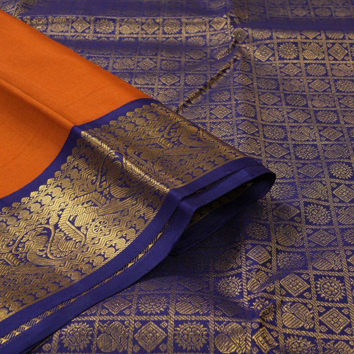 Hayagrivas Handloom Rust Orange Kanjivaram Silk Saree with Navy Blue Border KBE2534C13-4