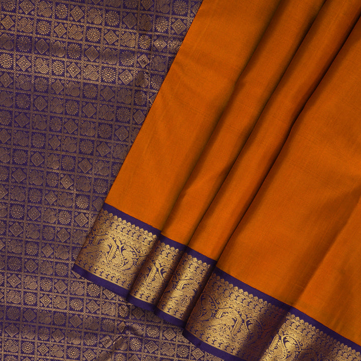Hayagrivas Handloom Rust Orange Kanjivaram Silk Saree with Navy Blue Border KBE2534C13-4