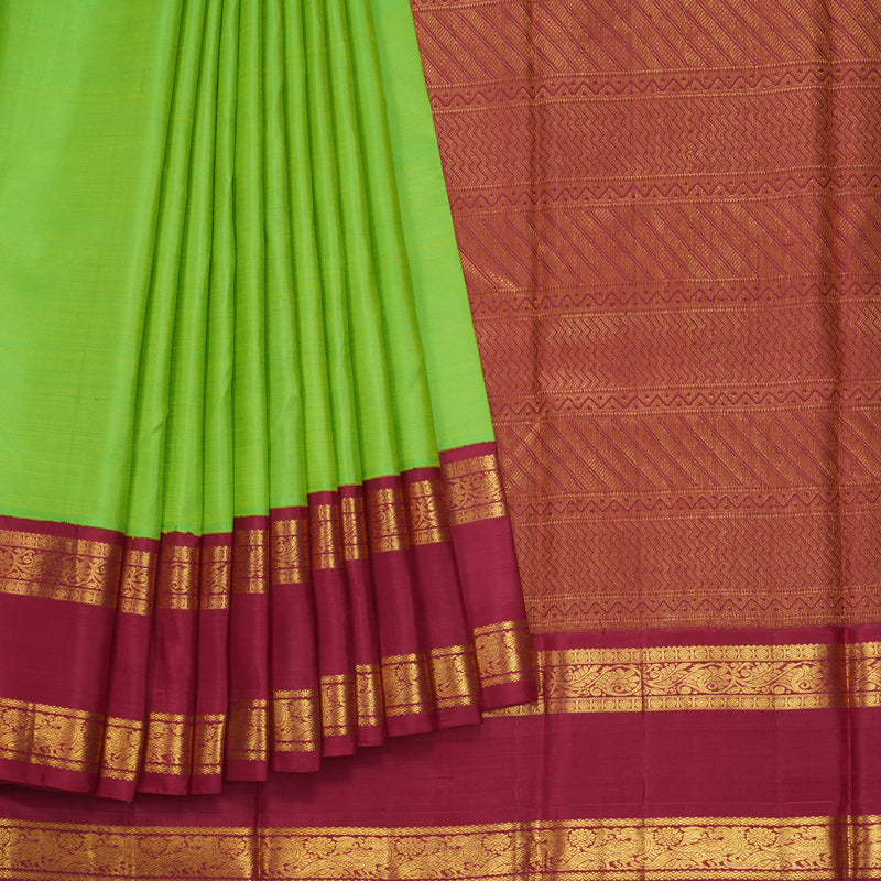 Hayagrivas Handloom Fluorescent Green Kanjivaram Silk Saree with Maroon Border KBE2535C10-1