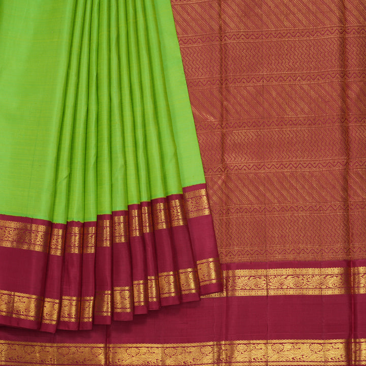 Hayagrivas Handloom Fluorescent Green Kanjivaram Silk Saree with Maroon Border KBE2535C10-1
