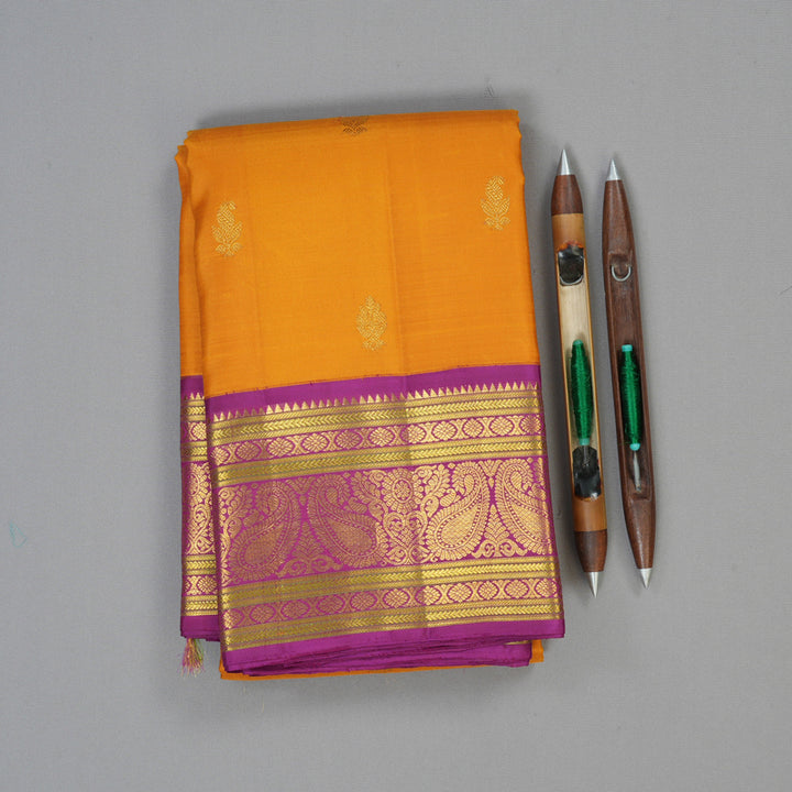 Hayagrivas Handloom Mustard Yellow Kanjivaram Silk Saree with Magenta Border KBE2535C12-1