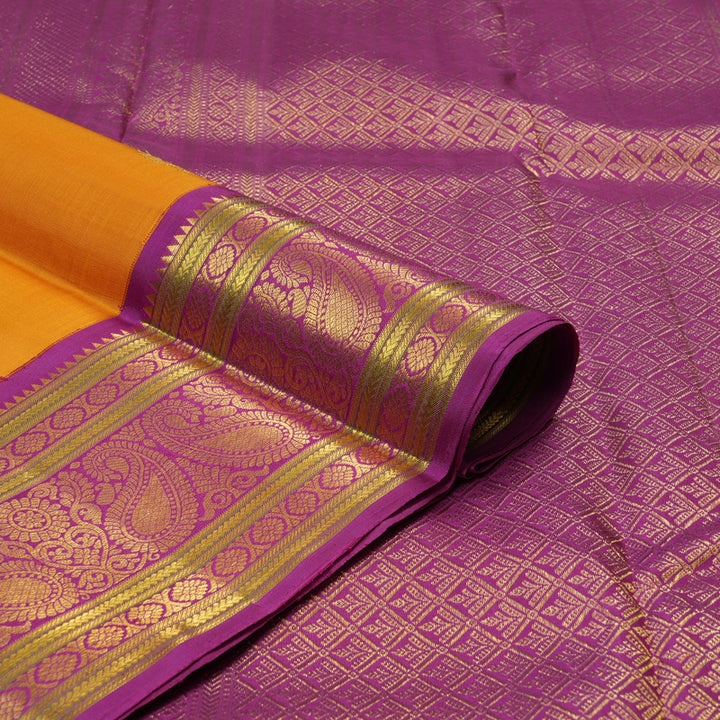 Hayagrivas Handloom Mustard Yellow Kanjivaram Silk Saree with Magenta Border KBE2535C12-1