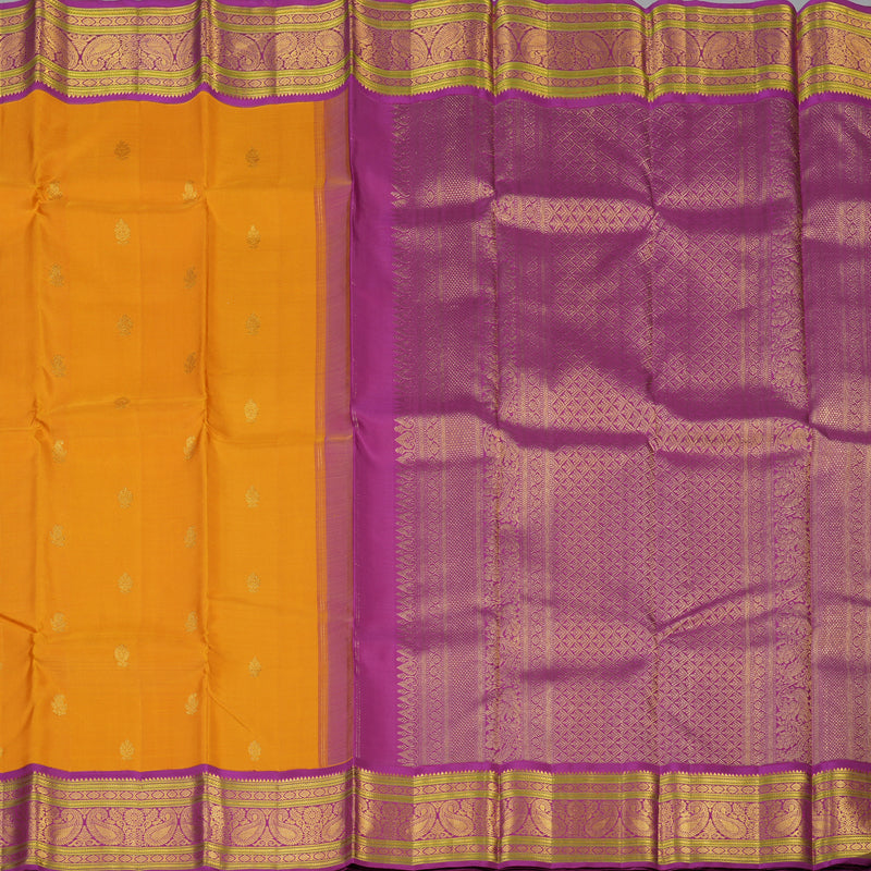 Hayagrivas Handloom Mustard Yellow Kanjivaram Silk Saree with Magenta Border KBE2535C12-1
