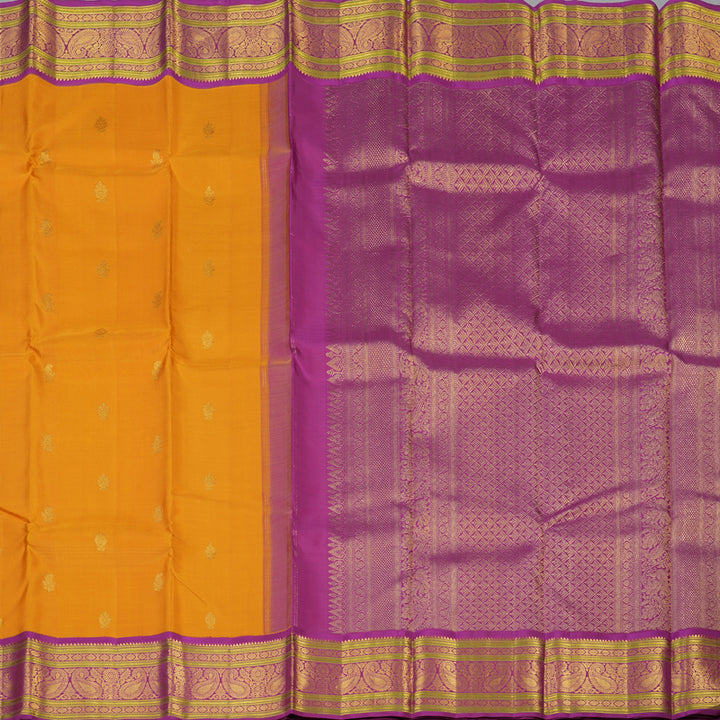 Hayagrivas Handloom Mustard Yellow Kanjivaram Silk Saree with Magenta Border KBE2535C12-1