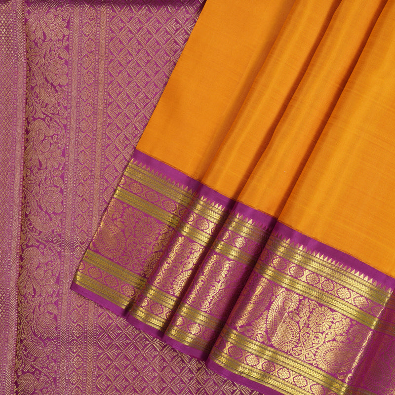 Hayagrivas Handloom Mustard Yellow Kanjivaram Silk Saree with Magenta Border KBE2535C12-1